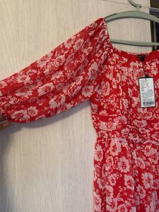 Floral Red Cinched Waist Midi Dress