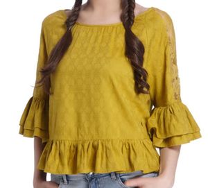 Mustard Yellow Lace-Detail Peplum Top