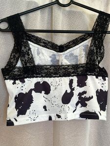 Cow Print Tank Crop With Lace