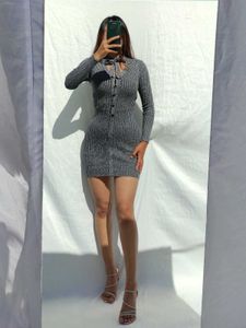 Stylish Knit Ripped grey Bodycon Dress
