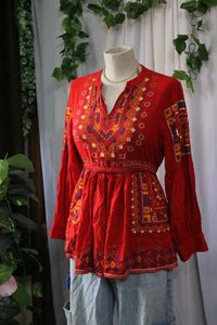 Red Embroidered Peasant Top