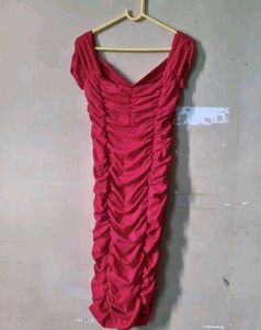 Red Off Shoulder Ruched Dress
