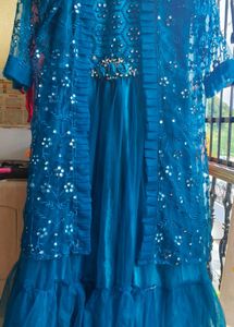 Royal Teal Elegance: Embroidered Layered Gown