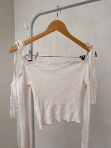 White Lace Shoulder Ribbed Knit Top