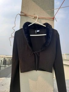 H&M Ribbed Crop Tie Up Cardigan Black For Women
