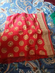 Red &amp; Gold Embellished Saree
