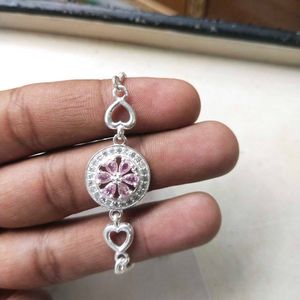 Pure Silver Pink CZ Stone Adjustable Hand Bracelet