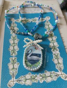 Enchanted Swan Lake Clay Pendant Beadwork Necklace