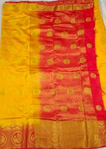 Brand New Golden &amp; Red Silk Saree