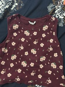 Maroon Floral Sleeveless Crop Top