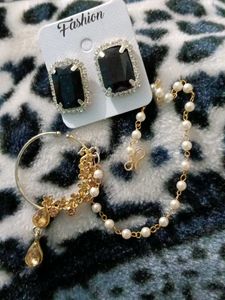 Gold-toned Nose Ring with attached chain + studs