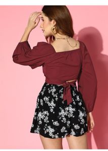 Maroon Puff Sleeve Tie Crop Top