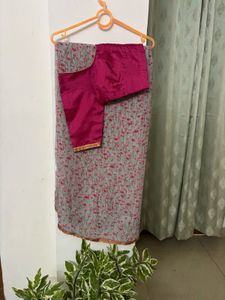 Pink Floral Print Saree with stitched blouse