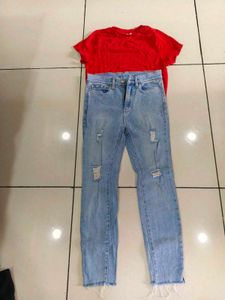 Red Tee & Distressed Jeans Set
