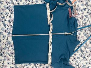 Teal Zip-Up Ribbed Long Sleeve Top And Trouser