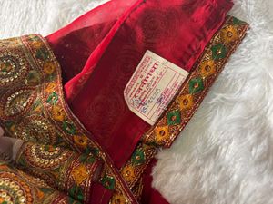 Elegant Red Embroidered  Saree🥰
