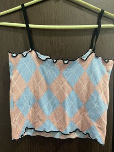Korean Argyle Cami Top Blue Pink