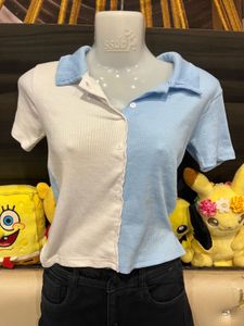 Two-Tone Sky Blue &amp; White Button-Up Ribbed Polo To