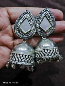 ✨ Oxidised Silver Mirror Work Jhumka Earrings ✨