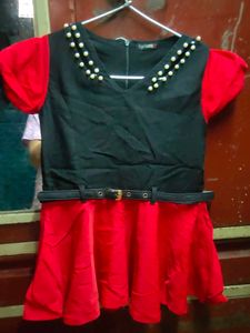 Red & Black Pearl Embellished Belted Dress
