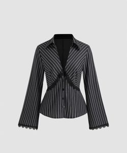 Collar Striped Lace Trim Button Long Sleeve Shirt