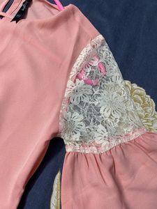 Pink Bell Sleeve Lace Accent Blouse