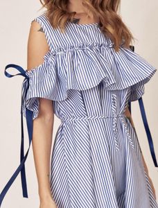 Striped Ruffle Cold Shoulder Dress