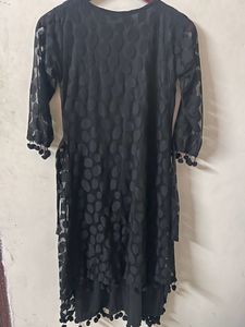 Black Partywear Net Dress With Pompoms