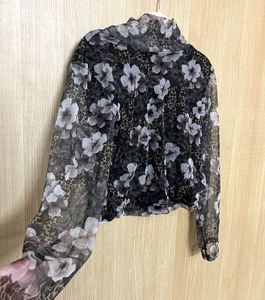 Sheer Floral &amp; Leopard Print Mock Neck Top