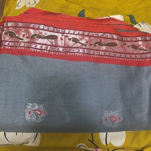 Gray & Red Saree with Bird Motif