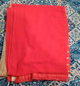 Red &amp; Gold Floral Saree Fabric
