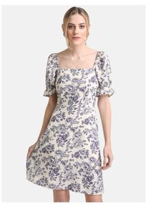 Kazo Blue Printed Mini Dress With Puff Sleeves