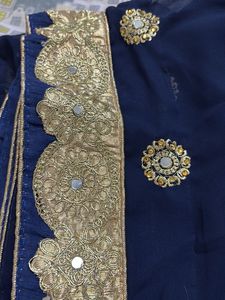 Navy Blue &amp; Gold Embellished Saree