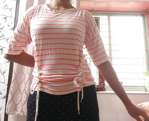 Whit And Neon Pink Stripes Casual Top With Cute Tie-up Laces. Cute Drop Shoulder Style