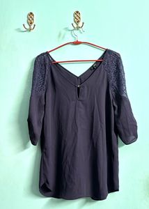 Purple V Neck Tunic With Net Detailing