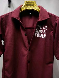 Maroon Knit, Rubber Printed, Shirt (Oversized Fit)