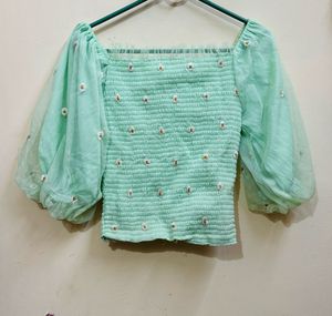 Women Green Floral Cute Top
