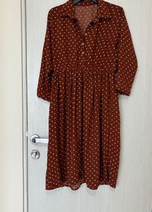 Polka Dot Full Sleeve Brown White Midi dress
