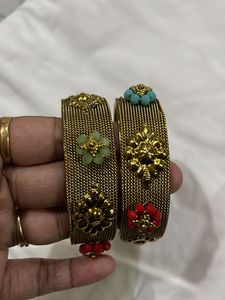 Vintage Style Beaded Gold Bangles - Set of 2