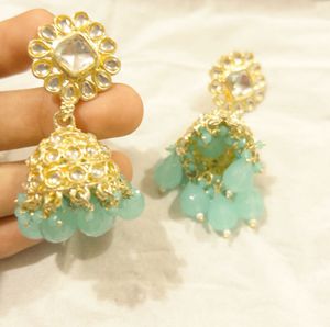 Golden + Pastel Blue Jhumka