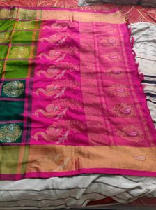 Green &amp; Pink Checkered uppada silk Saree