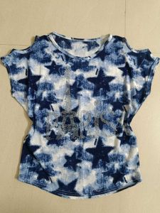 Blue Star Print Cut Out Shoulder Top