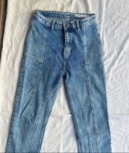 Straight Panel Detail Denim Blue Jeans