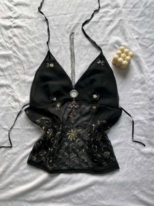 Embroidered Black backless Top