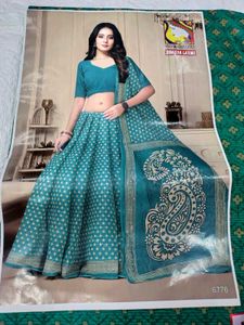 Green Cotton Printed Saree With Blouse &amp; Peticoat