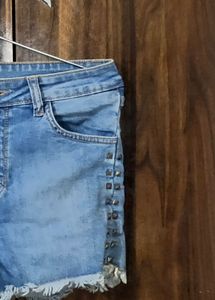 NUON Blue Distressed Studded Sides Denim Shorts