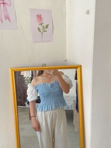 Blue Smocked Off-Shoulder Top
