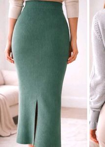 Green Ribbed Knit Midi Skirt
