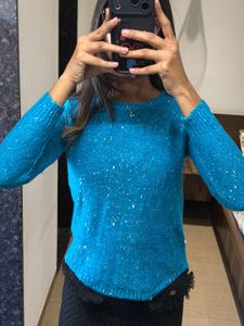 Sparkling sequins Blue fine Knit Sweater