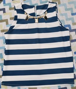 Blue & White Top With Attached Necklace